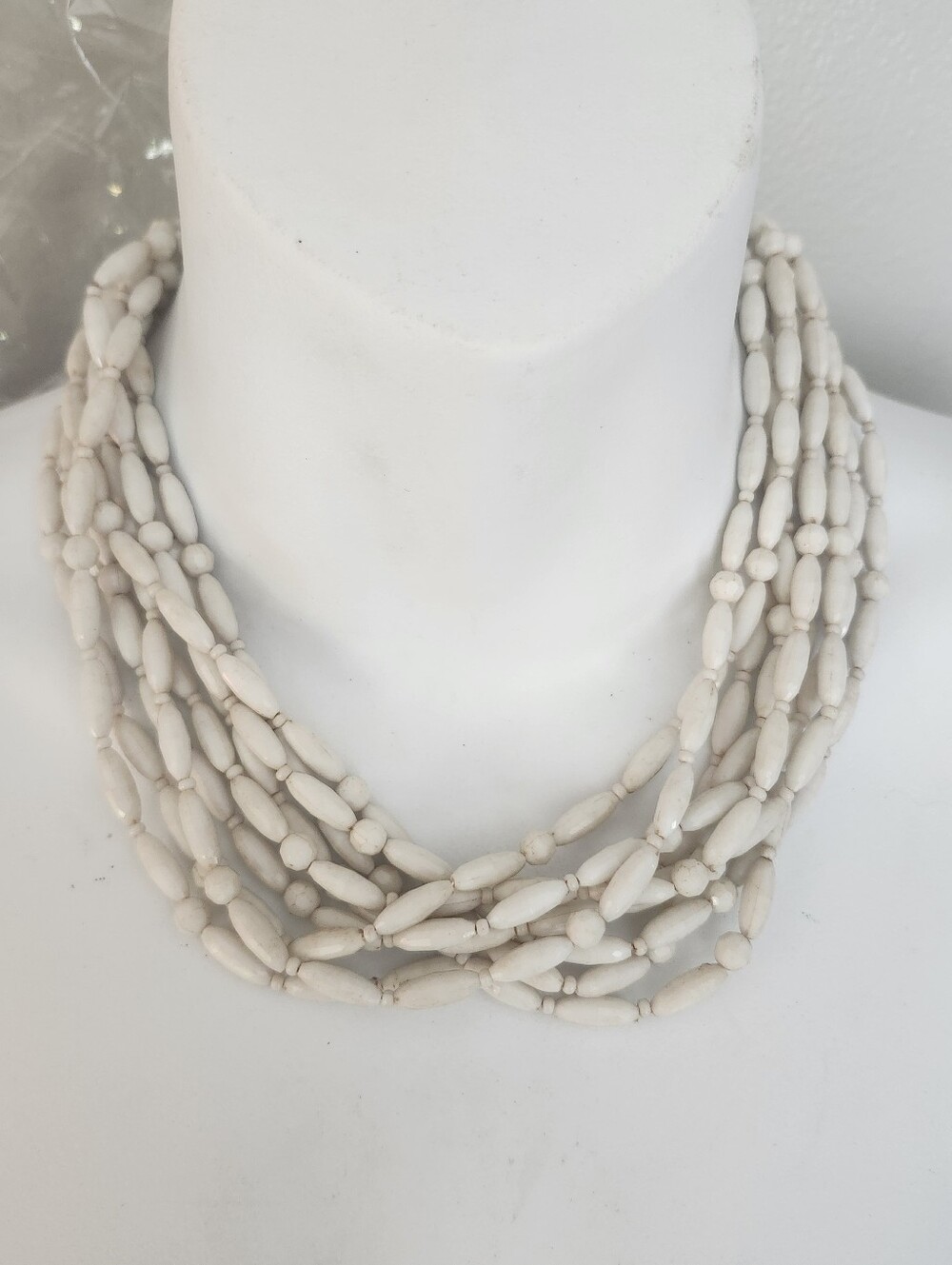 Vtg Germany Multi-Strand White Oval Beaded Necklace